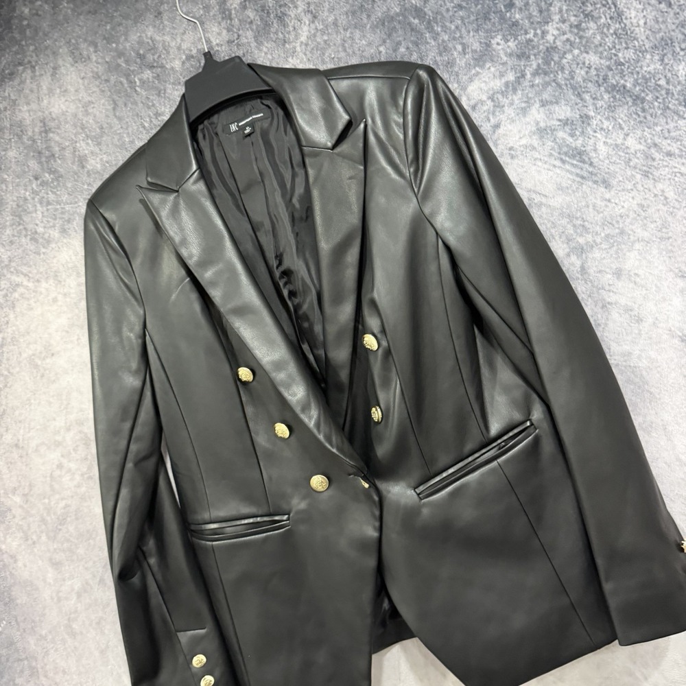 INC International Concepts Women’s M Black Faux Leather Gold Buttons Blazer